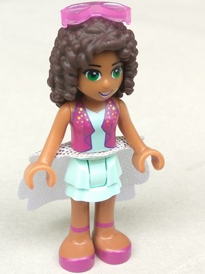 LEGO frnd145 Friends Andrea, Light Aqua Layered Skirt, Magenta Vest Top, White Sequined Cloth Skirt, Sunglasses