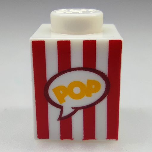 LEGO 3005pb028 Brick 1 x 1 with Red Vertical Stripes and Yellow 'POP' in Speech Bubble (Popcorn Box) Pattern