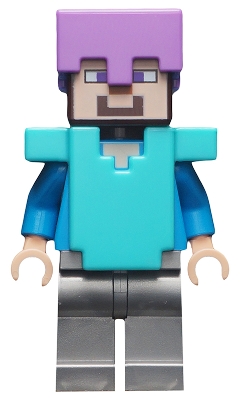 LEGO min060 Steve - Medium Lavender Helmet, Medium Azure Armor, Flat Silver Legs