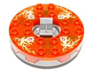 LEGO bb0549c13pb01 Turntable 6 x 6 x 1 1/3 Round Base Serrated with Trans-Neon Orange Top and Fire Energy Pattern